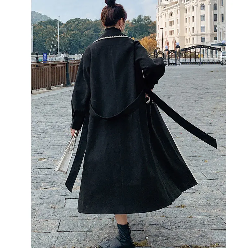 Winter Black Trench Coat For Women Elegant Fashion Korean Casual Wool Coat  Lace-up Long  Jacket Woman Wollen Coat With Blet