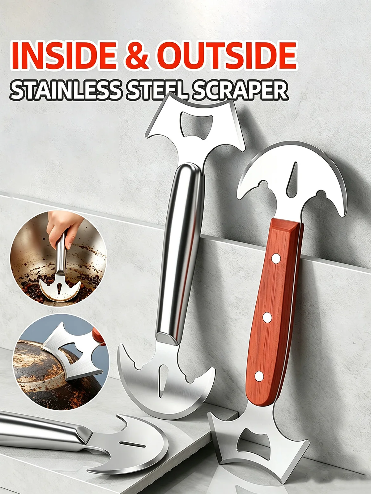 Stainless Steel Curved Scraper Dual Head Pot Pan Cleaner Grease Remover Bottle Opener Kitchen Ash Cleaning Shovel Hand Tool