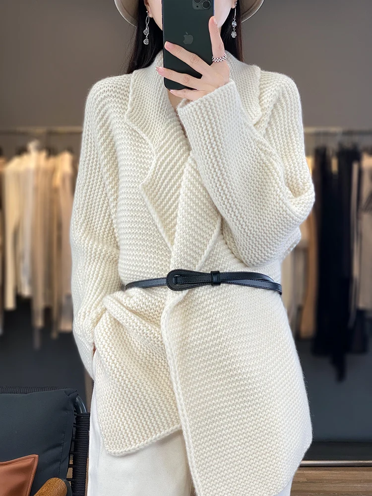100% Merino Wool Women\'s Cardigans Sweater   Autumn Winter Thick Warm Casual O-neck Cashmere Knitted Long Coat Korean Fashion