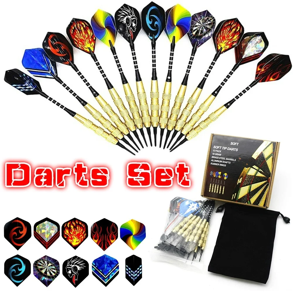 12PCS 18g Professional Plastic Tip Darts Set Brass Steel Barrels Dart Shafts Flights Indoor Entertainment Electronic Dartboard