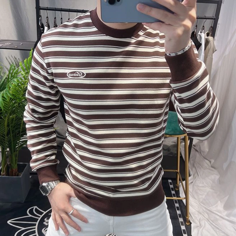 Europe America Trendy Autumn Winter New T-shirt Men O-Neck Striped Printing High Street Fashion Long Sleeve Slim Sweatshirts Top