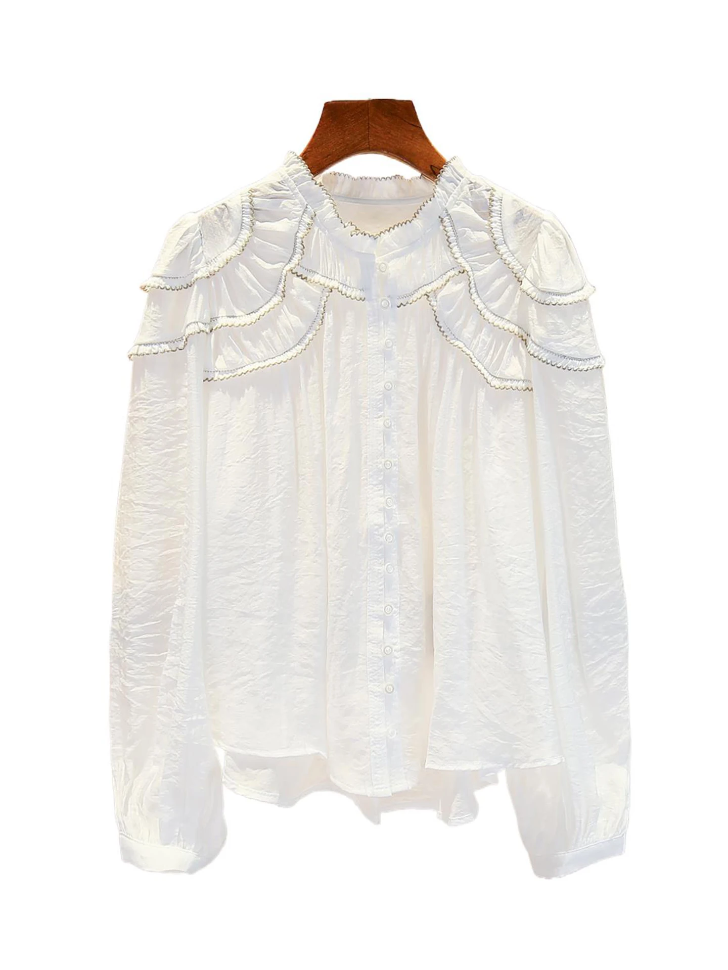 

Ele White Embroidered Heavy Work irt Collar Top for Women South Oil High End Summer Gentle Breeze Sle Long Sve