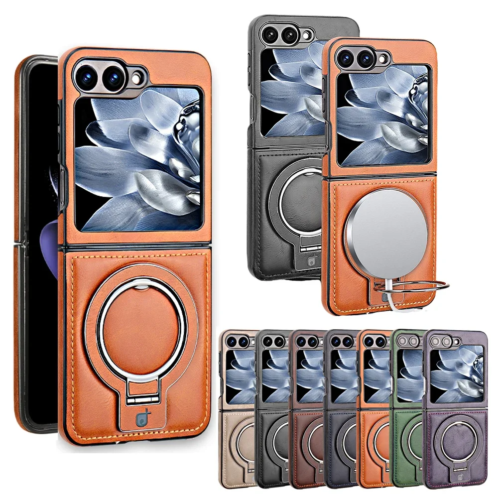 For Samsung Galaxy Z Flip 6 5 4 3 Magnetic Flip Phone Case Luxury Leather Phone Cover Ring Bracket Shockproof Phone Shell