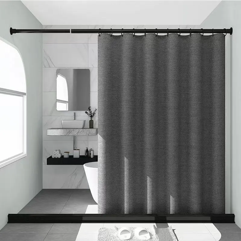 Bathroom Waterproof Thickened Shower Curtain Set, Including Telescopic Crossbar, Hook, Water Blocking Strip