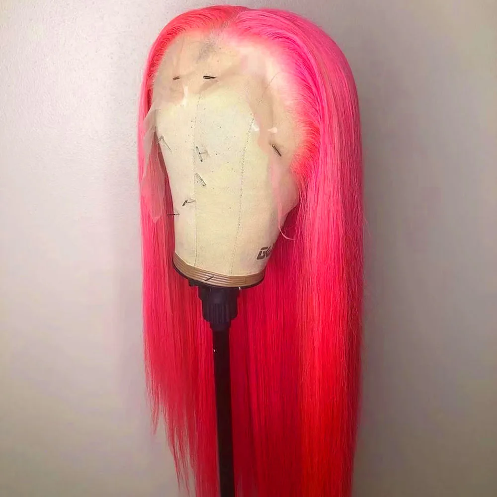 RONGDUOYI Hot Pink Synthetic Hair Lace Front Wig Long Silky Straight Natural Hairline Wigs For Women Cosplay Makeup Use