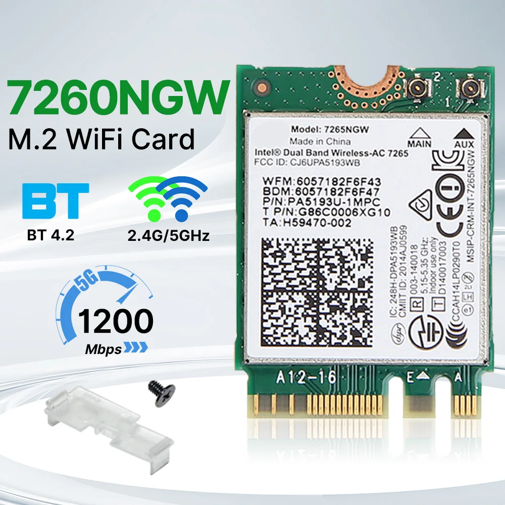 

AC 7265 M.2 Wireless Network Card Dual band 2.4G/5G 867Mbps 802.11AC Bluetooth 4.2 NGFF WLAN WiFi Card