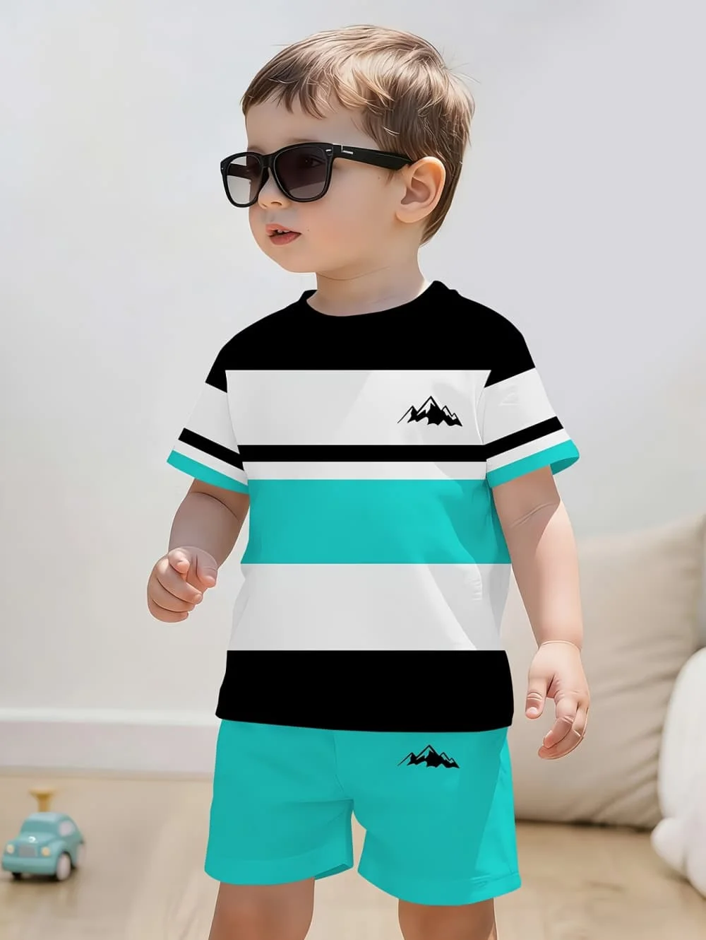 Jungenkleidung Lässiges Streifen-Buchstabenmuster Bedrucktes Kurzarm-T-Shirt Shorts-Set Outdoor Schnelltrocknende Oberteile Lässiges Kinder-Oberteil – Detail 5