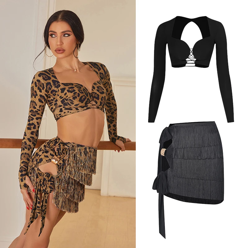 

ZYM Одежда для латинских танцев, женские леопардовые черные топы с длинными рукавами, юбка с кисточками, сексуальный танцевальный костюм ча-ча, тренировочная одежда DNV25936