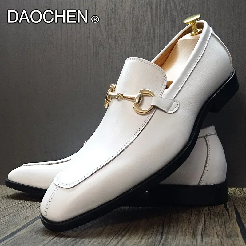 LUXURY BRAND MEN LEATHER SHOES BLACK WHITE MEN DRESS CASUAL SHOES SLIP ON WEDDING OFFICE SUMMER HORSEBIT LOAFERS FOR MEN