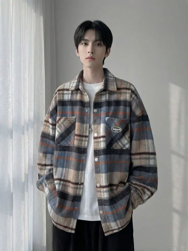 

TANGZ Studio Men's Long Sve irt Casual Loose Brued Polyester Spring Autumn Blue Plaid Workwear Jaet Youth Faion