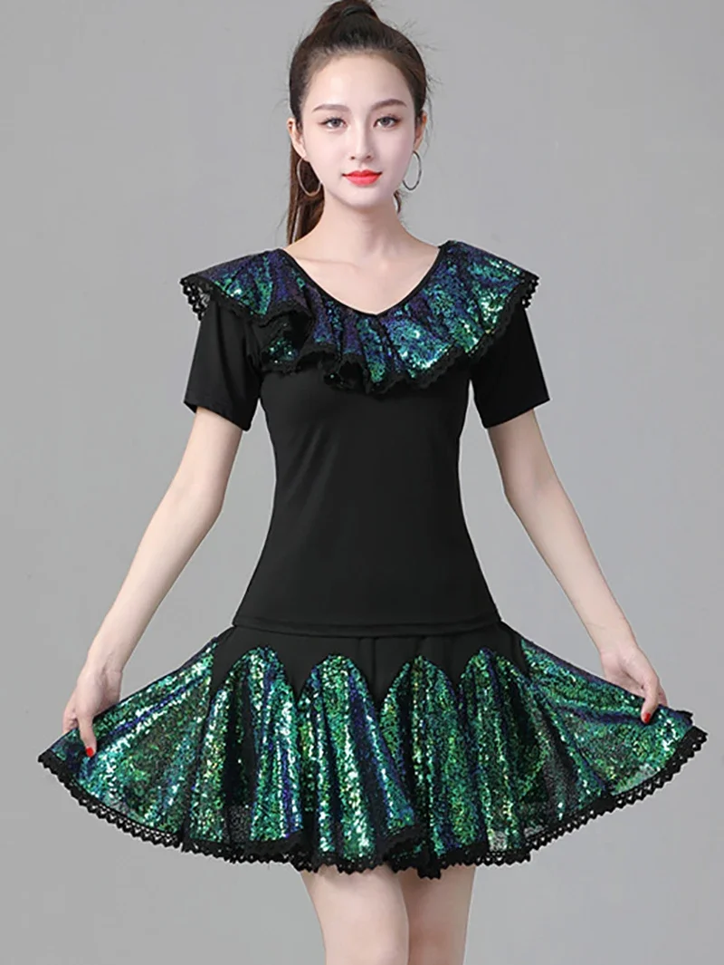 Costume da ballo latino per adulti Gonna da ballo ricamata con paillettes glitterate Gonne a pieghe Danza moderna Abbigliamento da ballo per donna