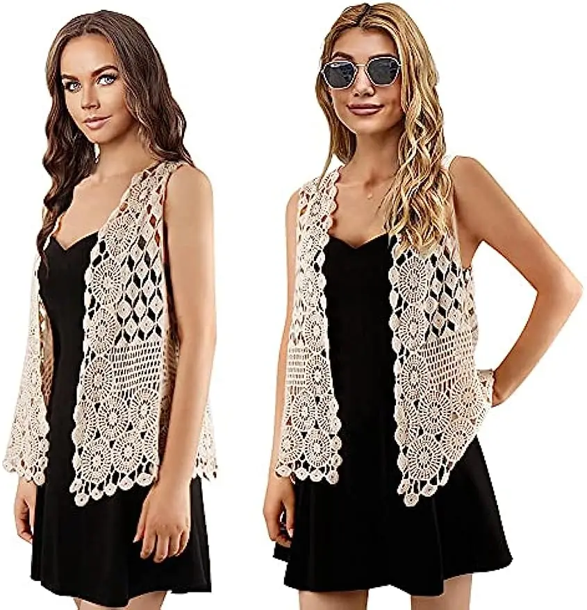 Womens Floral Crochet Lace Boho Trim Sleeveless Open Front Vest Cardigan White Beige