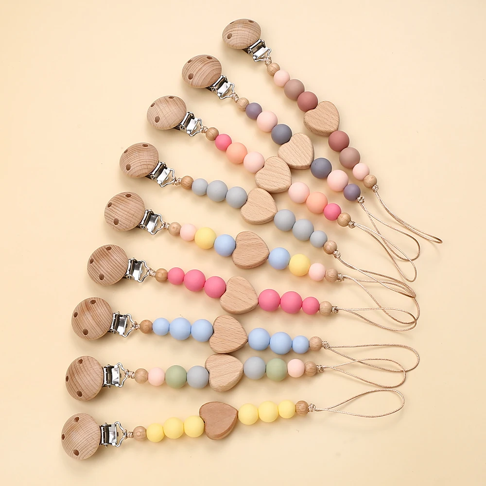 Food Grade Baby Pacifier Clip Chain Silicone Wood Heart Round Beaded Teething Nipple Holder Chain For Care Chew Toy Shower Gifts
