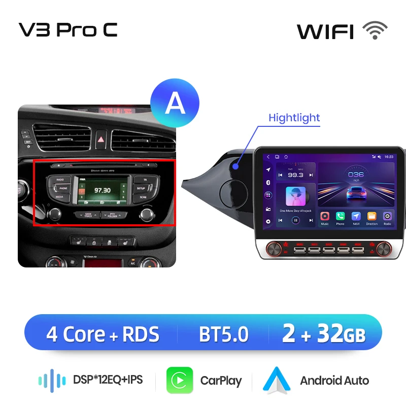 Junsun 13.1″ QLED Draadloze CarPlay Android Auto Autoradio Voor Kia cee'd JD 2012-2018 Intelligente Systemen DSP SWC RDS GPS FM BT