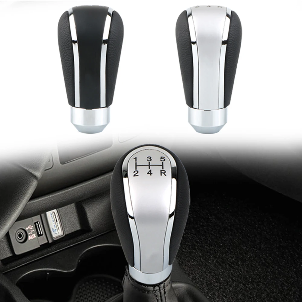 Universal 5 Speed PU Leather Car Gear Shift Knob Gear Stick Manual Transmission Automatic Shifter Lever Black Silver