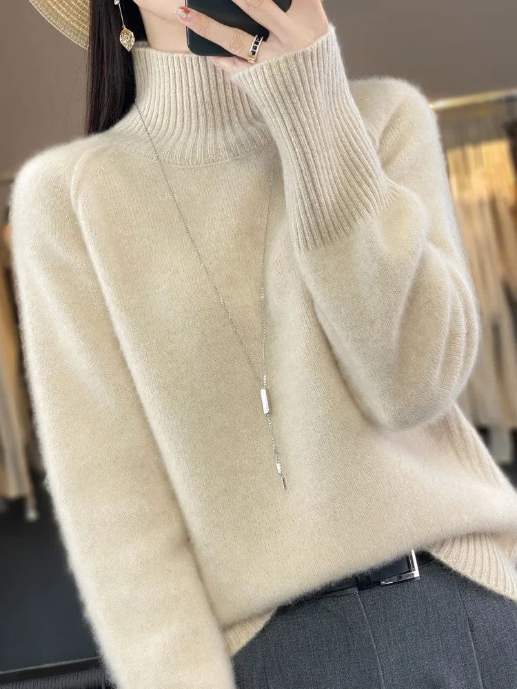 New 100% Merino Wool Women's Turtleneck Pullover Sweater Autumn Winter Thick Long Sleeve Loose Casual Cashmere Knitwear Tops