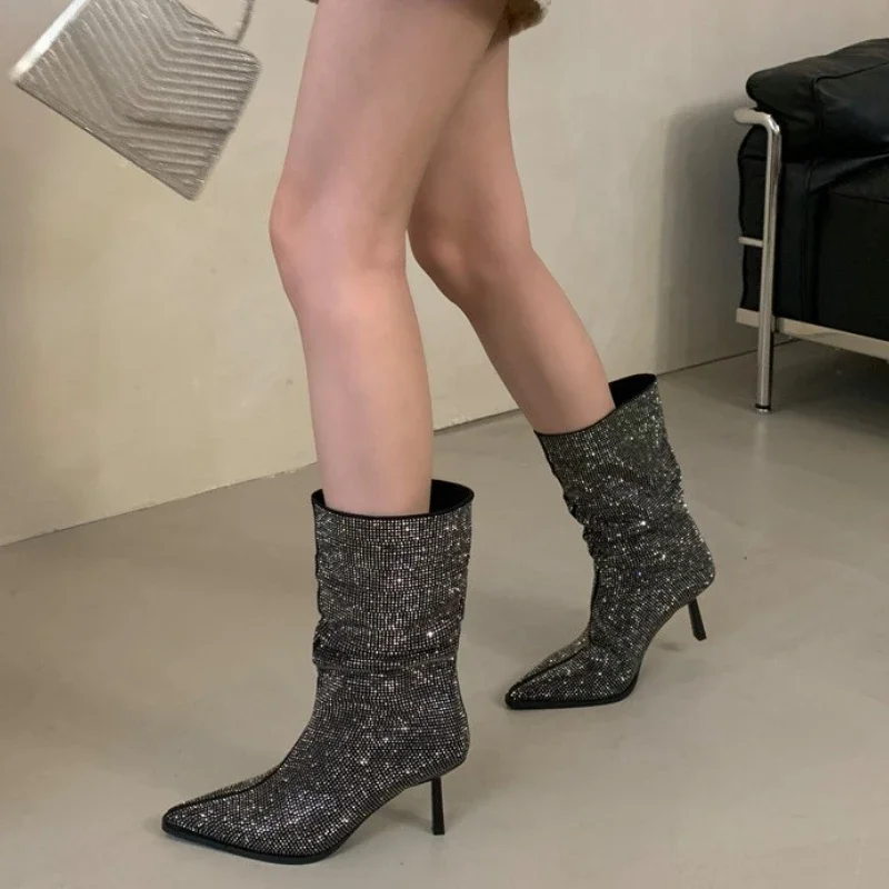 Luxury Rhinestone High Heel Ankle Boots Women Autumn Winter Pointed Toe Designer Modern Boots Glitter Sexy Short Boots Ladies