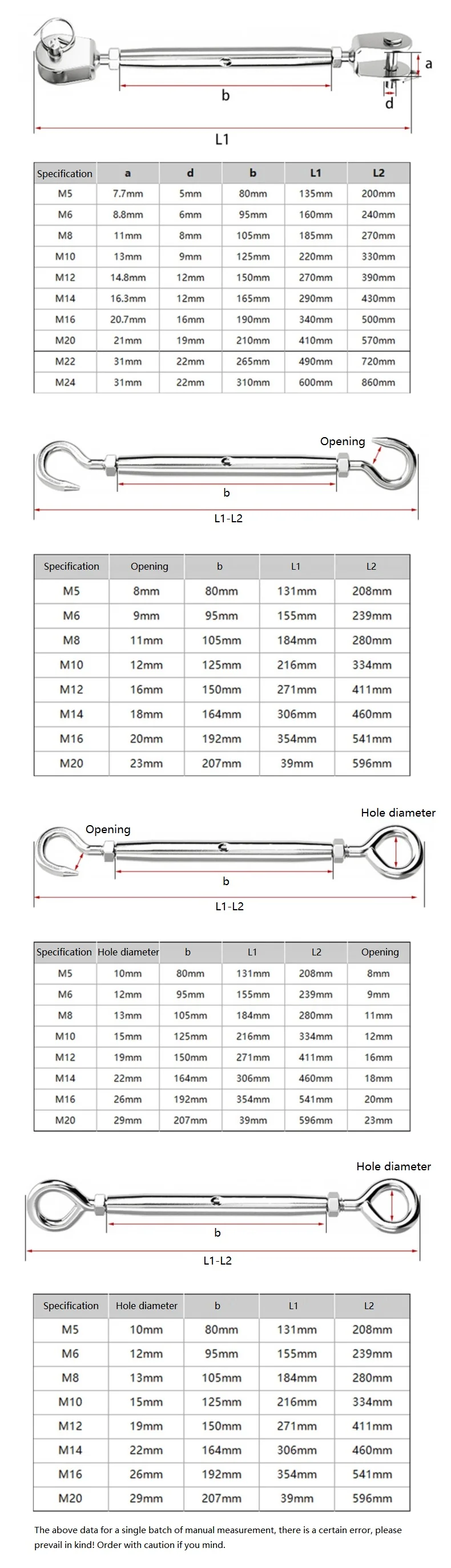 M5 - M20 304 Stainless Steel Hooks & Eye Uu Oc Oo Cc Close Type Adjust Chain Rigging Turnbuckle Wire Rope Tension Device