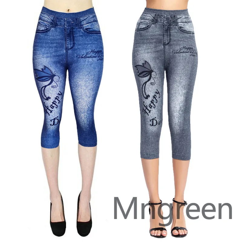 

2025 new, sexy printed imitation denim cropped pants, high-elasticity slim-fitting and thin hip-lifting leggings