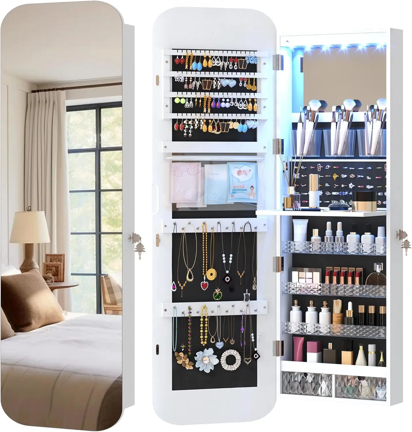 LED Mirror Jewelry Cabinet Wall Mounted or Door Hanging, Rounded Corner Jewelry Armoire Organizer, Lockable Full Le