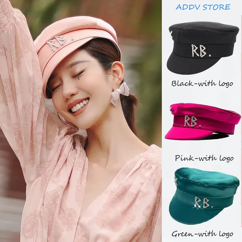 

Brand Designer Spring Summer Octagonal Hats for Women Two-colored Newsboy Cap Crystal-Embellished Satin Baker Boy Cap Boinas