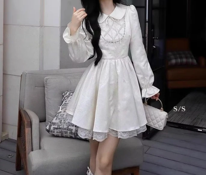 Lente Herfst Zoete Peter Pan Kraag Lange Mouw Prinses Jurk Mode Veelzijdige Leeftijdsverlagende Japanse Nep Tweedelige Jurken