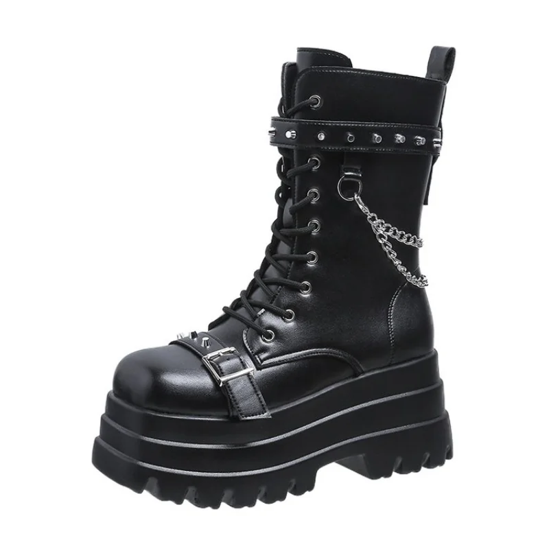 Platforma grube gotyckie buty Lady klamra jesienne buty damskie kliny buty do kolan Punk Street Cosplay Botas łańcuszek motocyklowy