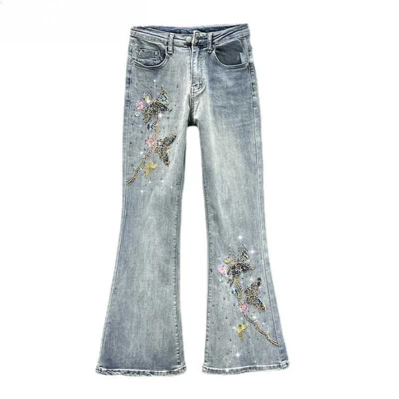 

Embroidered Denim Boot-Cut Pants Women 2024 New Spring Summer High Waist Slim Fit Slimming National Style Rhinestone Pants Jeans