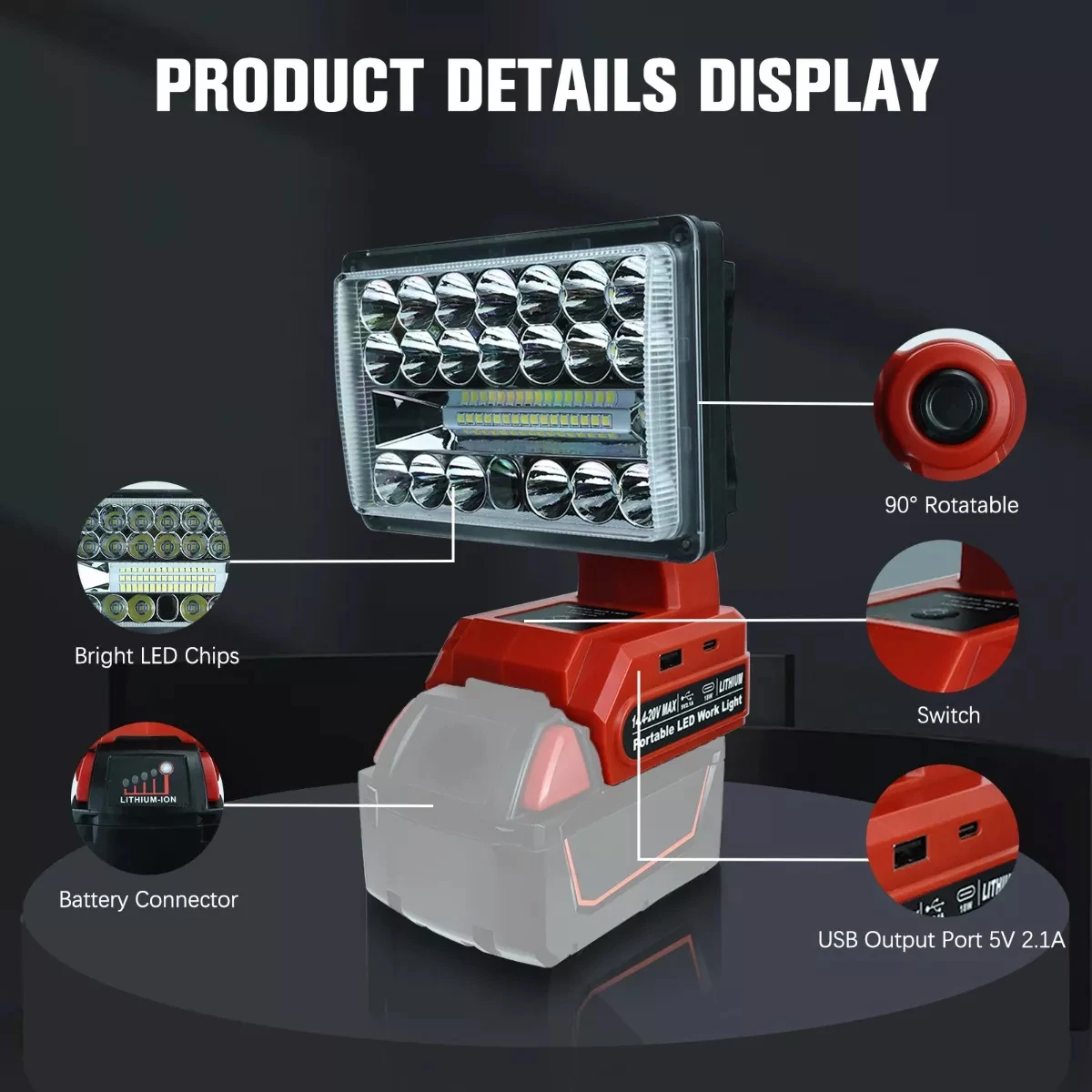 Lámpara de trabajo LED de 5 pulgadas y 28W, foco tipo C, Banco de energía USB para Milwaukee, batería de iones de litio de 18V (sin batería)