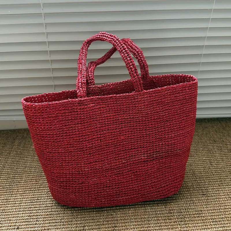 

Lafite Grass Handmade Crochet Women's Straw Bag Square Simple Shoulder Handbag New Bohemian Tote Vacation Travel Red Shopper Bag