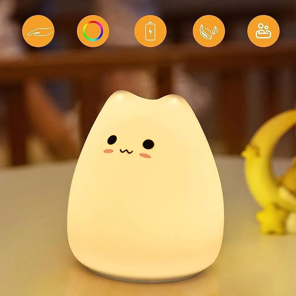 Led Nachtlampje Kinderen Kinderen Siliconen Touch Sensor Tafellamp 7 Kleuren Cartoon Cat Slapen Nachtlamp Huis Slaapkamer Decoratie