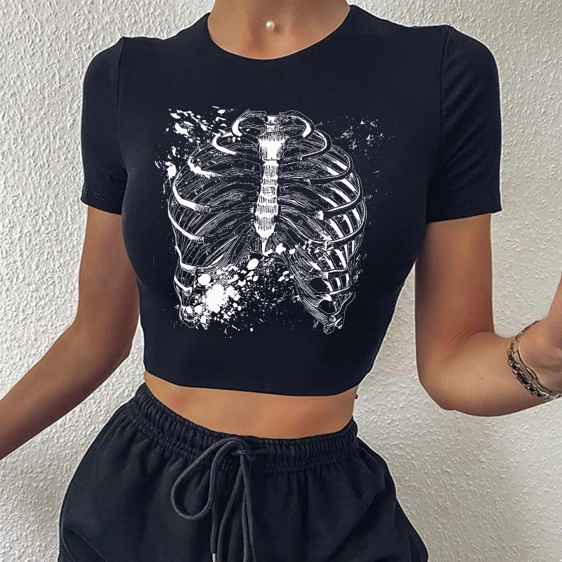 

Женский укороченный топ в стиле Харадзюку, ретро, корейский, панк, готический, креативный, со скелетным рисунком, тонкий, Универсальная футболка, модный