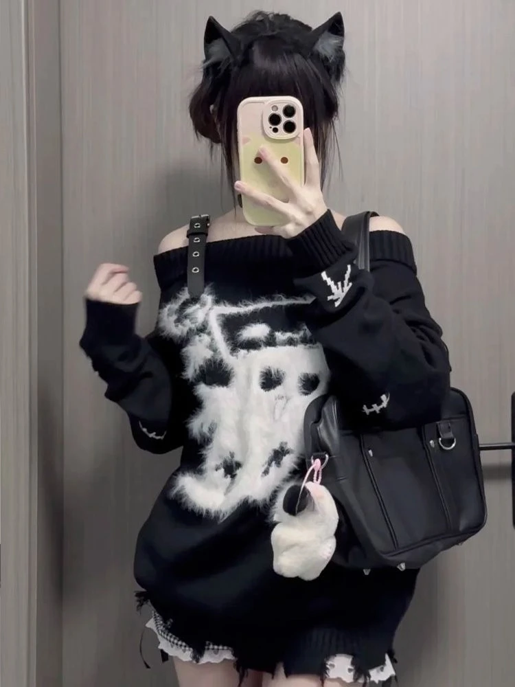 

Japanese Kawaii Off-Shoulder Sweater Women Casual Animal Pattern Long Sleeve Pullovers Y2k Harajuku Streetwear Spring Autumn
