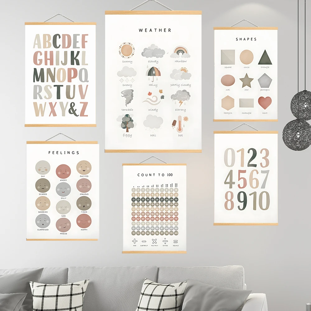 Educational Solid Wood Posters Alphabet Number Shape Colors Scroll Nursery Wall Art Nordic Posters and Prints Kids Room Decor