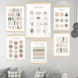 Educational Solid Wood Posters Alphabet Number Shape Colors Scroll Nursery Wall Art Nordic Posters and Prints Kids Room Decor
