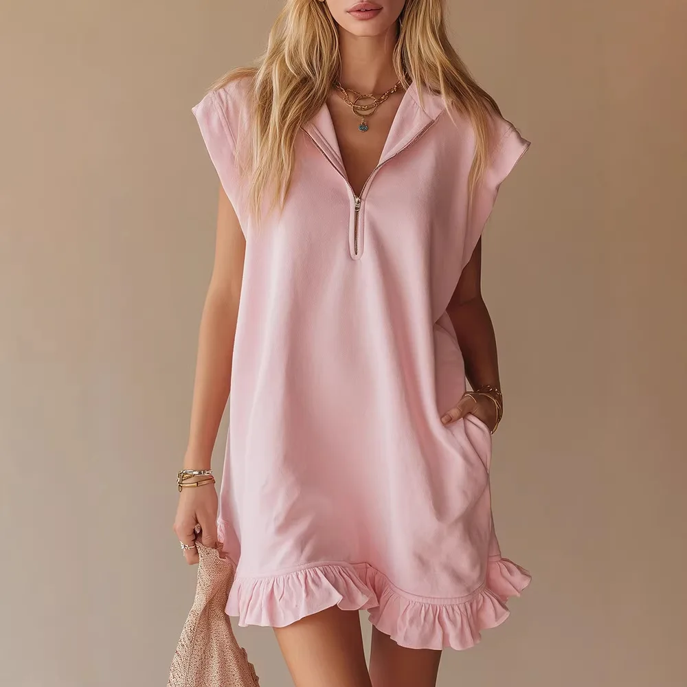 

2026 Spring and Summer New Sleeveless Double Pocket Dress Zipper V-neck Ruffle Edge A-word Skirt Women