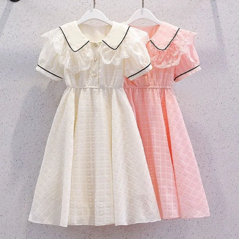 Academy Style Girls Princess Dress Summer Lace Collar Fashion Girls Dress Party Performance Costumes 3-10 Years New Kids Clothes