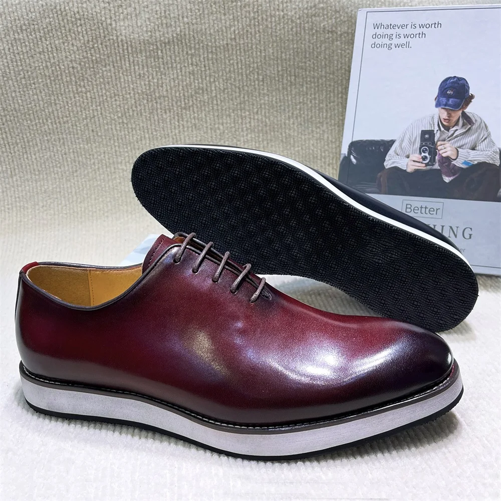 Men's Classic European Style Oxford Shoes Real Leather Cap Toe Lace-Up Black Blue Business Office Casual Footwear