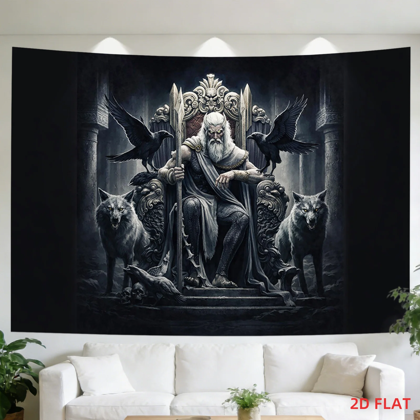 2D Flat,1pc Printed Tapestry, Odin on Throne with Wolves & Ravens Pattern, Wall Decor, for Living Room,Bedroom