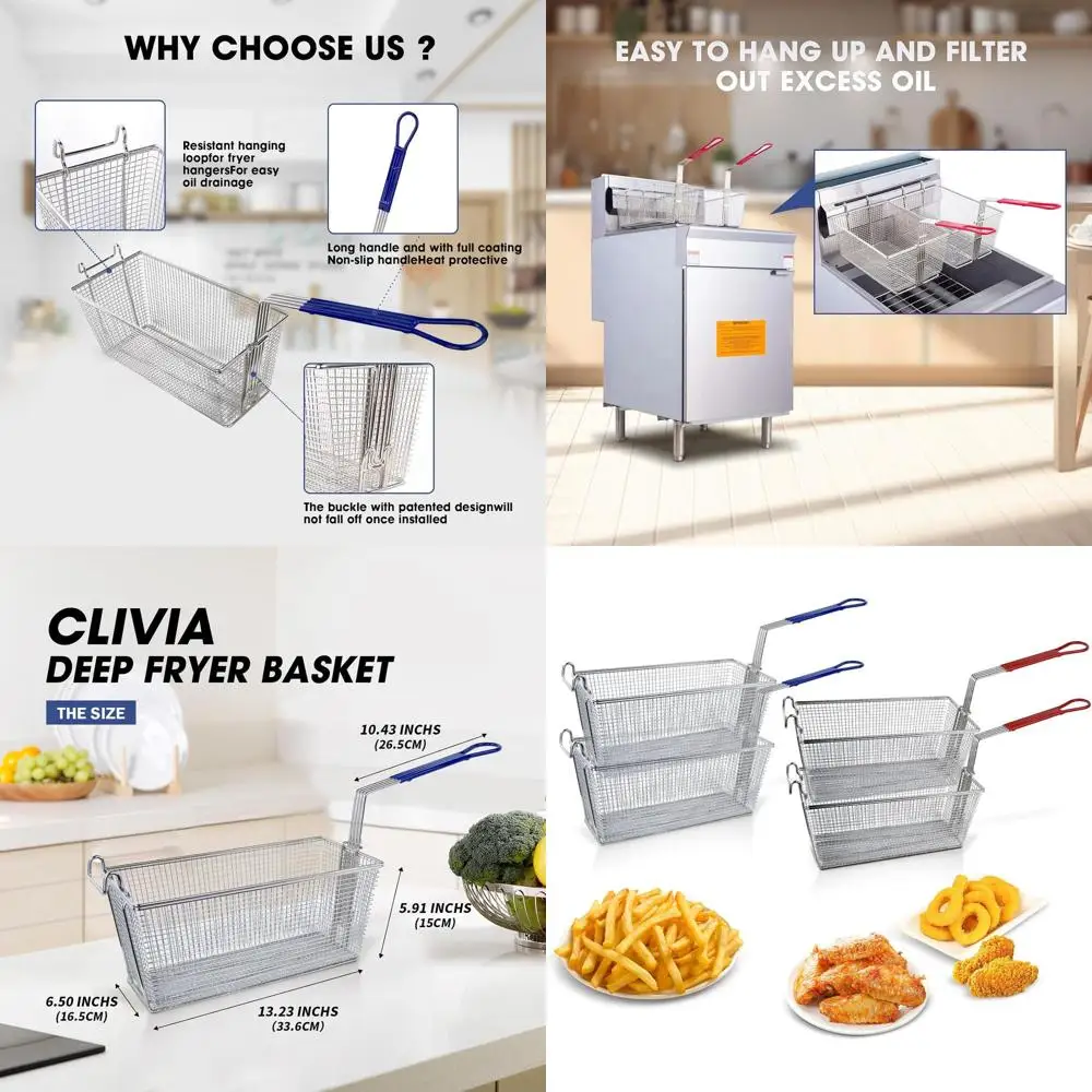 

13x6.5x6 Stainless Steel Deep Fryer Baskets with Long Non-Slip Handles for Commercial and Home Use