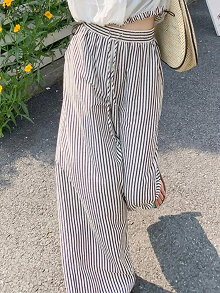 

ZANZEA Women Striped Long Pants Korean Version Elastic Waist Straight Pantalons Holiday Summer Drawstring Trouser Casual Bottoms