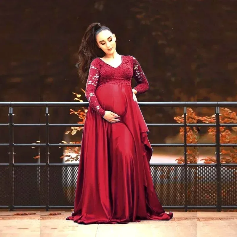 Baby Shower Maternity Maxi Gown Dresses for Photo Shoot Elegant Lace High Split Pregnancy Gown Dress Photography Props