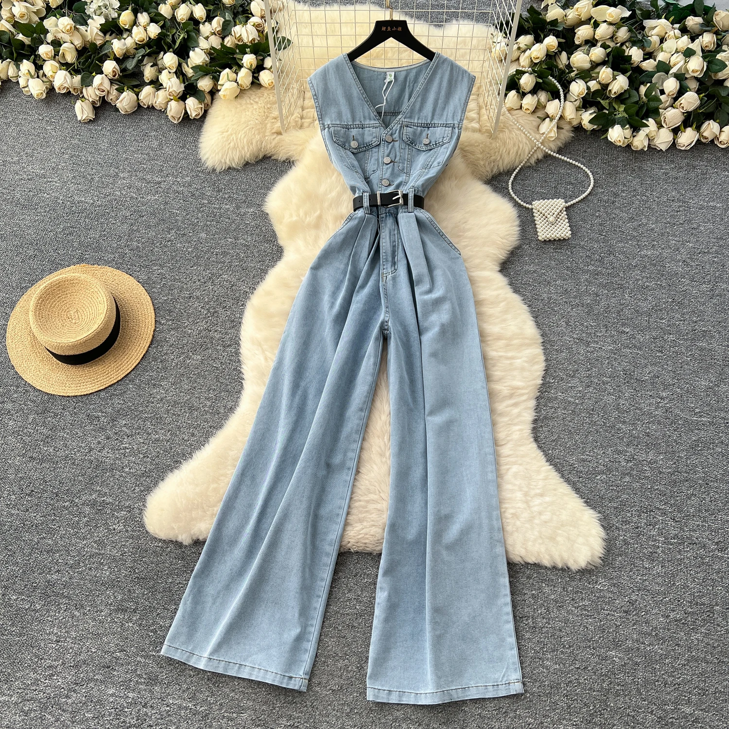 Sleeveless Denim Jumpsuit For Women Retro Fashion V-neck 2025 Summer Advanced Sense Lace-up Slim Waist Wide Legs Rompers