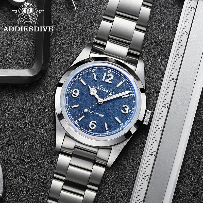 

ADDIESDIVE New Men Watch 36mm VH31 Movement Quartz WristWatch 100m Waterproof Diving Bubble Glass Luminous Stainless Steel Strip