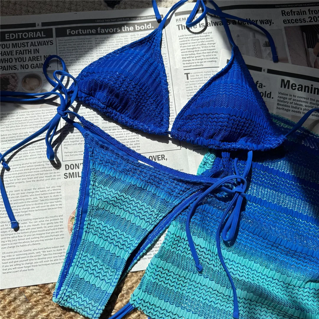 Rosa 3-teiliger Bikini mit Rock, Farbverlauf, Damen-Badebekleidung, Badeanzug, dreiteiliges Bikini-Set, gepolsterter Badeanzug, Badebekleidung, Schwimmbekleidung V6696 – Detail 22