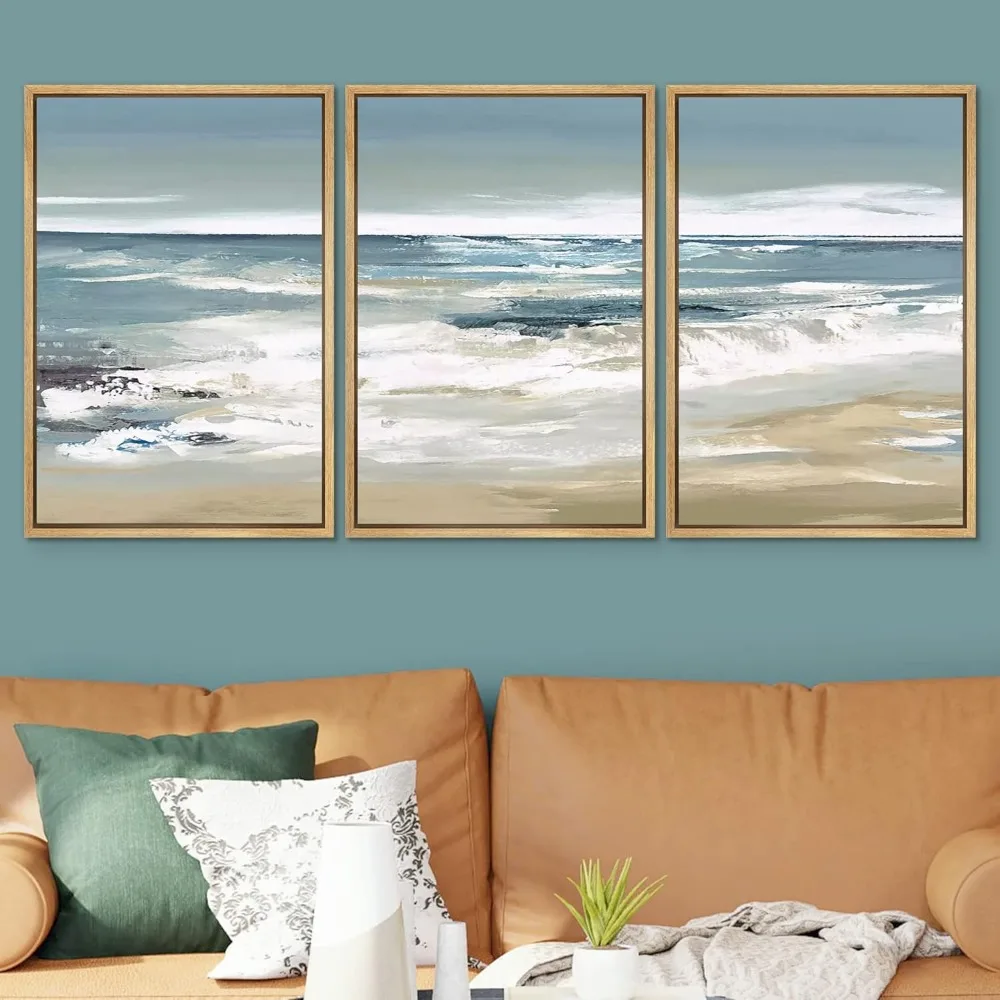 Framed Canvas Print Wall Art Set Teal Sky Ocean Wave Beach Shore Nature Wilderness Illustrations Modern Art Decorative