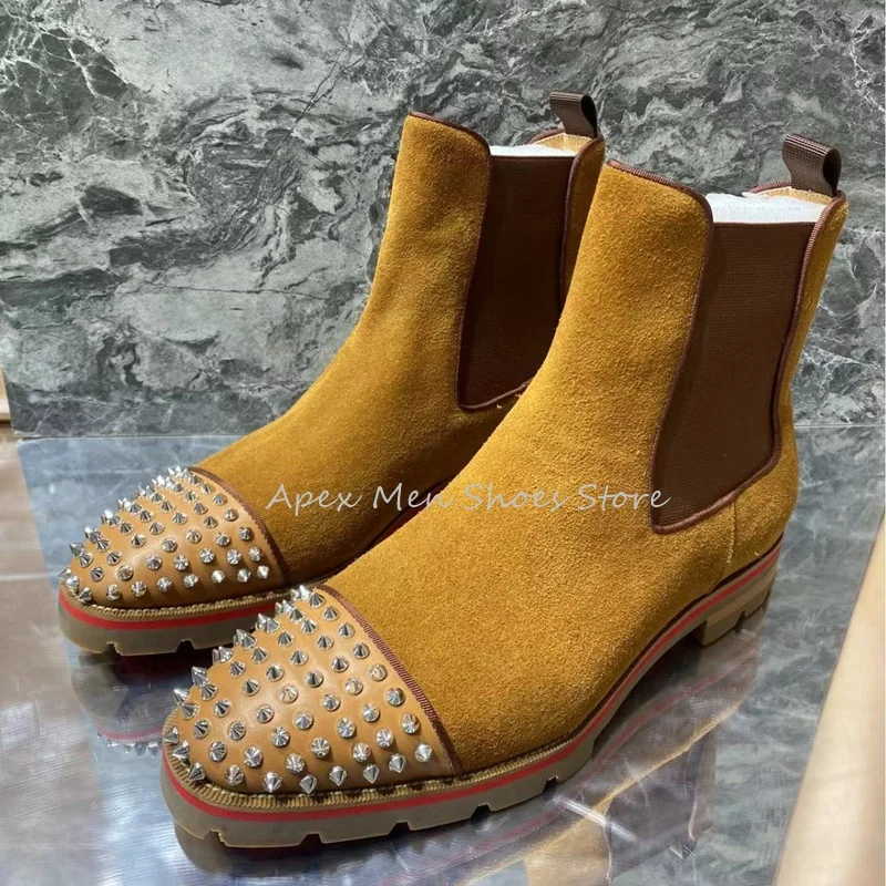 Rendy Round Toe Rivet Men\'s Chelsea Boots Autumn Winter Versatile Low Heel Leather Non Slip Handmade Shoes Vintage Men Boots