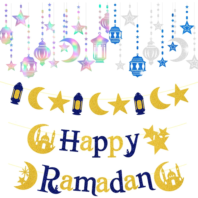 

EID MUBARAK Banner Glitter EID Star Moon Letter Paper Bunting Garland Islamic Muslim Mubarak Ramadan Decoration Party Supplies