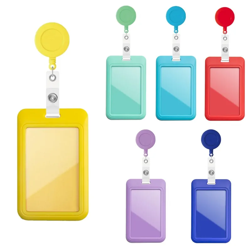 1 Set ID Badge Holder with Retractable Reel Keychain Clip Name Card Sleeve Easy Pull