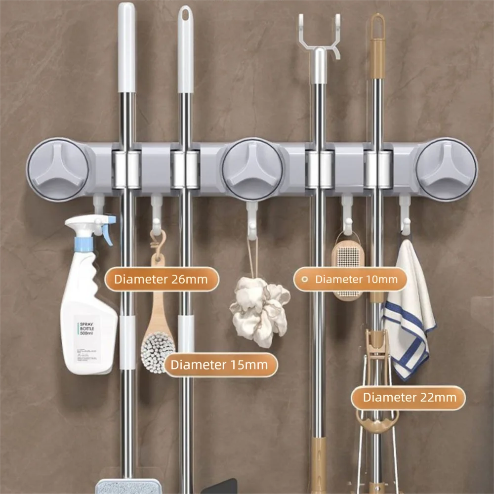 Soporte para fregona con ventosa de 4 posiciones, 5 ganchos, fuerte Clip fijo para fregona montado en la pared, reutilizable con gancho, soporte de montaje en pared con succión
